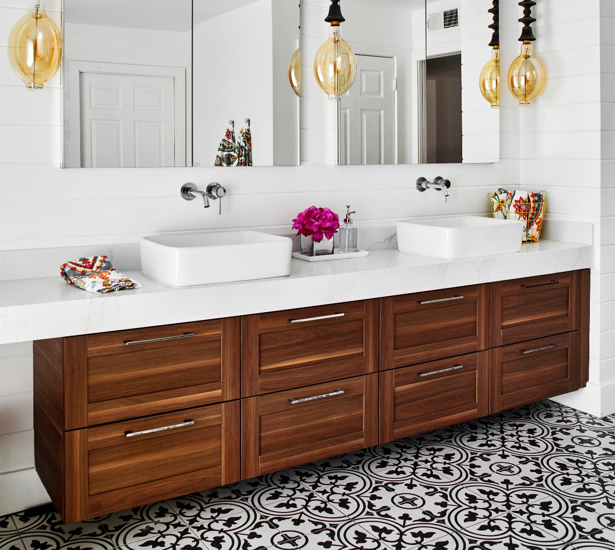 Bathroom with double vanity and wooden cabinet